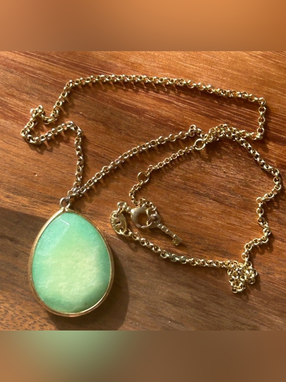 Fossil Brand Necklace Gold Tone Jade Stone Key Necklace Green